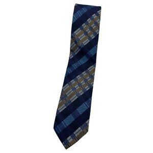 KENZO Men's 100% Silk Necktie LUXURY Tie Navy Blue Brown Tartan W:2.7" EUC